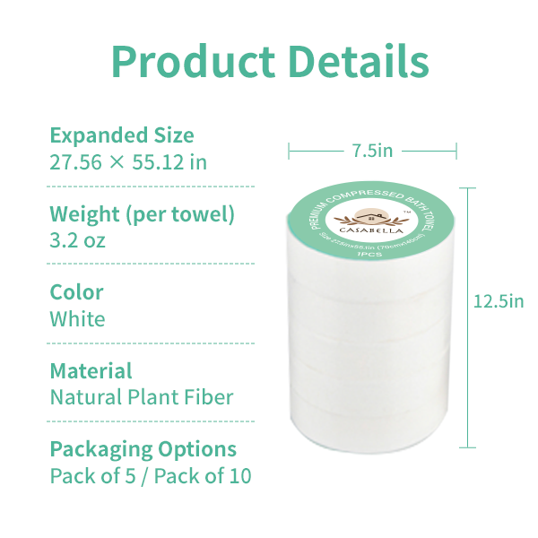 Casabella Reusable & Disposable Compressed Bath Towels 55 x 27 inch – Large Cotton Towels for Travel, Camping, Beach, Hiking, Swimming, AirBNB – Portable Towel Tablets, 5 Pack / 10 Pack