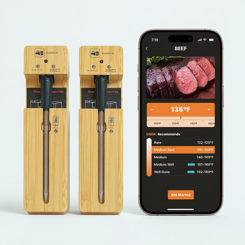 Probe Plus Bluetooth Wireless Meat Thermometer Digital for BBQ Grill Oven Smoker Air Fryer Kitchen FDA Certified Food Safe Rechargeable Eco Friendly Multi-Probe Management Real Time Smartphone Monitoring High Precision Measurement Stainless Steel Probes