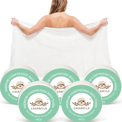 Casabella Reusable & Disposable Compressed Bath Towels 55 x 27 inch – Large Cotton Towels for Travel, Camping, Beach, Hiking, Swimming, AirBNB – Portable Towel Tablets, 5 Pack / 10 Pack