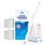 Casabella Disposable and Flusheable Toilet Brush Wand Cleaning System, Powerful Stain & Odor Removal, Flushable & Non-Clogging, Includes 1 Handle, 1 Storage Caddy, 1 Hook, 12 Refill Heads with Fresh Scent