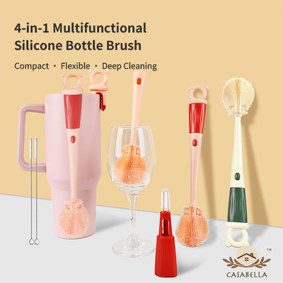 Casabella 4-in-1 Multi-Purpose Bendable SiliconeCleaning Brush, wine-glass Bendy Brush, Tumblerbottles Brush, Baby bottles Brush, Coffee mugsBrush,and more-Non-toxic, odorless, and heat-resistant,Extended Handle Version